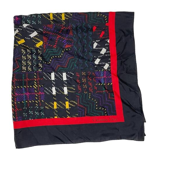Vintage 80s Christian Dior 100% Silk Black Red Abstract Plaid 30" Square Scarf - Picture 1 of 10